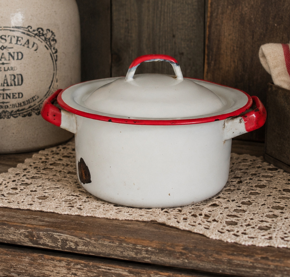 VTG❤️🤍Red White Enamelware Pot Lid Handles Farmhouse Distressed Camp Decor